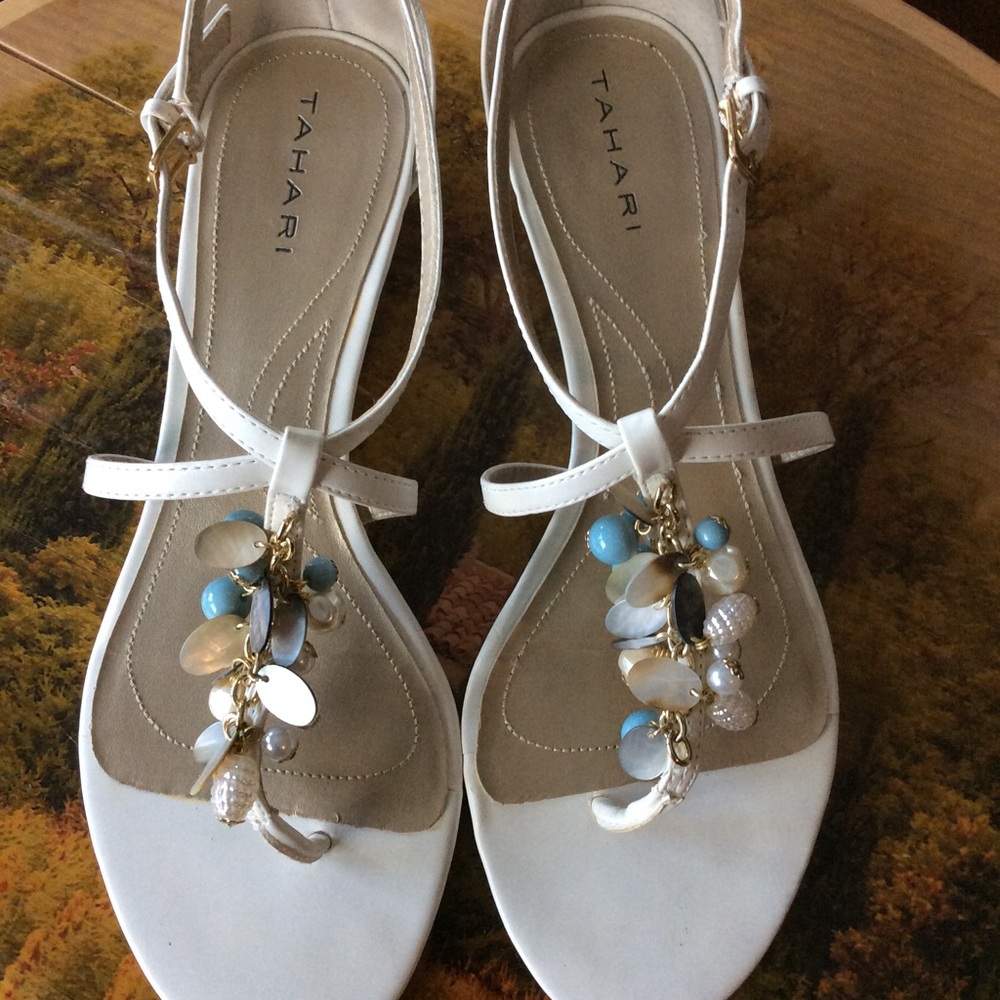 Tahari White Sandal with Blue and Pearl Charm Accents